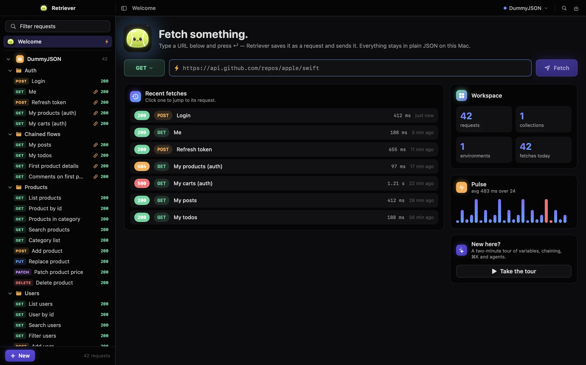 Retriever in its Midnight theme: the Welcome screen with a quick-fetch URL bar, recent fetches with status and timing, workspace stats and a response-time pulse chart, next to the request sidebar